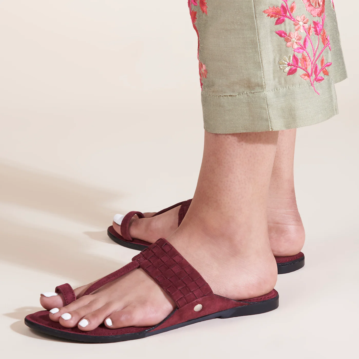 Maroon Suede Weave Kolhapuri Sandals For Women