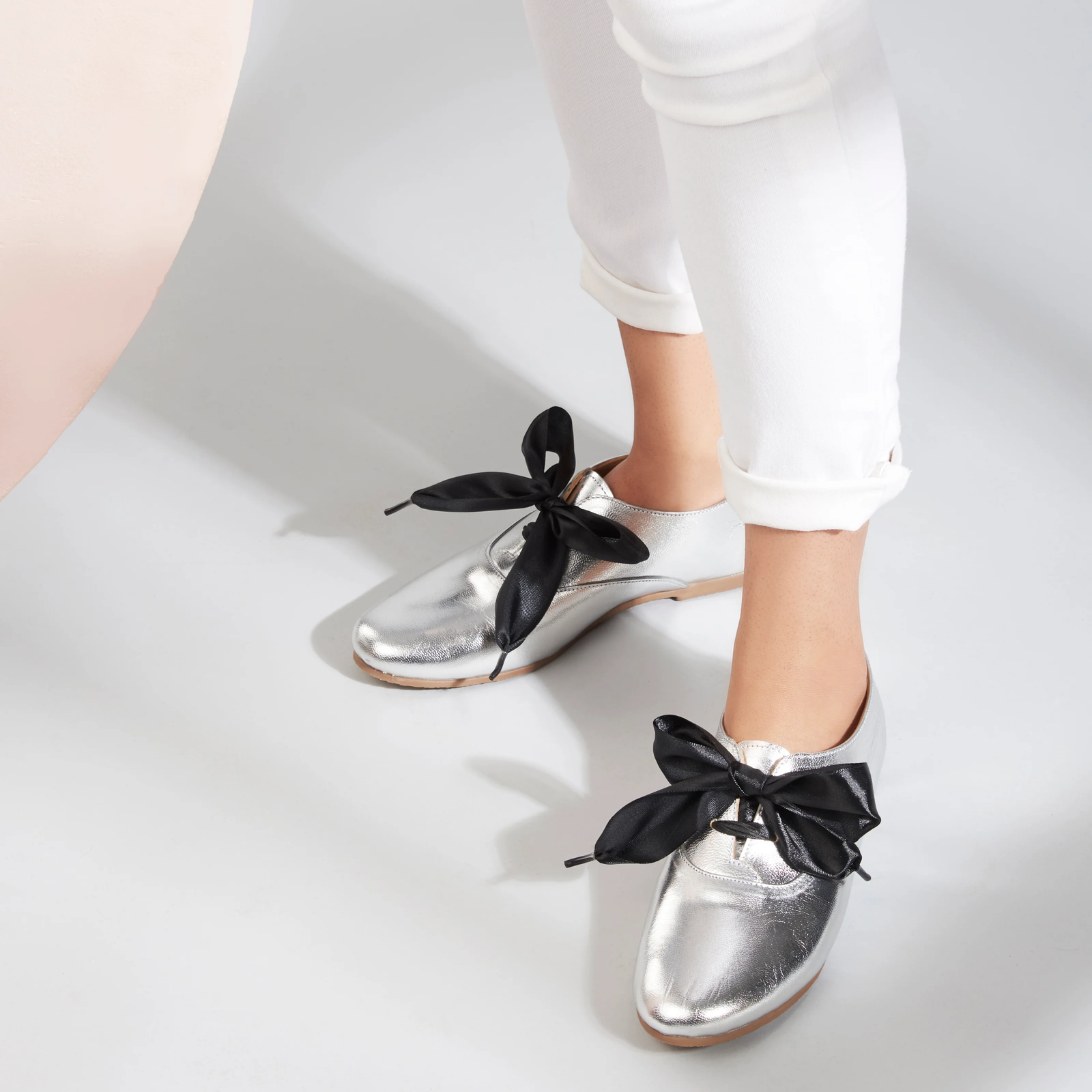 Freya Silver Derby Shoes With Bow Laces For Women